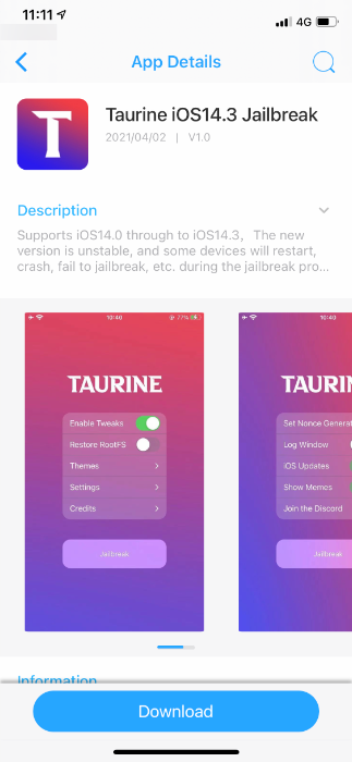 Download Taurine jailbreak for iOS 14.3