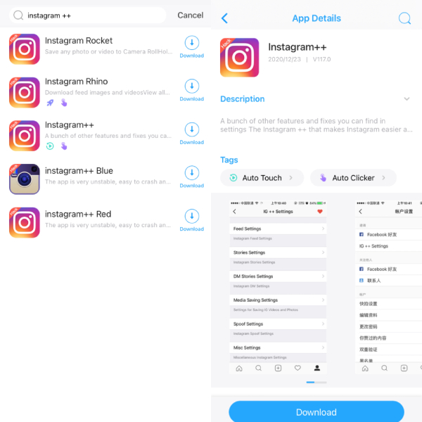 search for Instagram++ and install